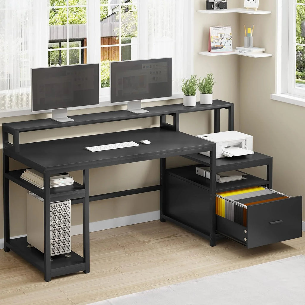 2026 White Computer Desk with 5 Drawer & Power Outlet, 66'' Home Office Desk with File Drawer, Storage Shelves, Printer Cabinet and Monitor…