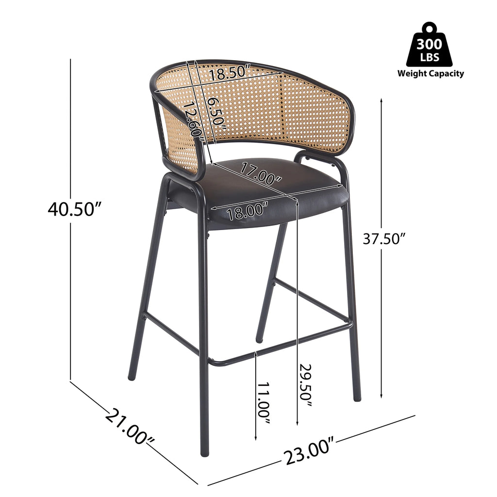 2026 Christopher Knight Home 29.5" PU Upholstered Bar Stool with Woven Rattan Backrest & Iron Frame, Black, Set of 2