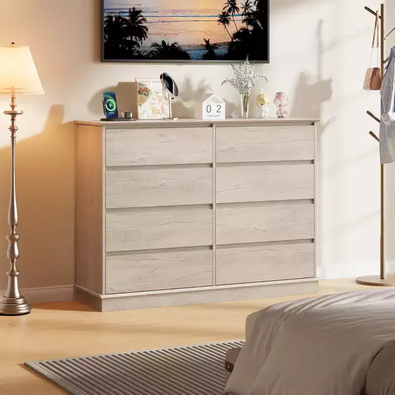 2026 Cómoda horizontal de 8 cajones – 130 cm de ancho, MDF resistente a los arañazos, cajones con acabado de lino sintético.