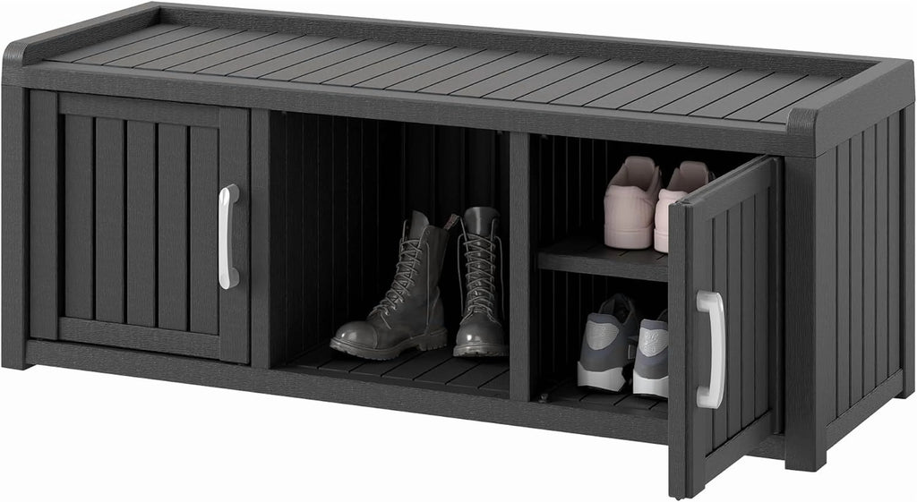 2026 KAMABOKO Outdoor Shoe Storage Cabinet, Waterproof UV-Resistant Entryway Storage Bench Indoor Outdoor with 2 Barn Doors, Adjustable Shelves for Entryway, Bedroom, Hallway,Living Room(Black)
