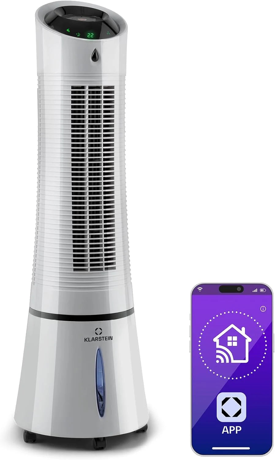 Klarstein 4 en 1 (2026): Enfriador de aire inteligente, ventilador, humidificador e ionizador | Depósito de agua de 6 L, oscilación, 30 W, 210 m³/h, temporizador | Aire acondicionado sin tubo de escape, portátil, color plata