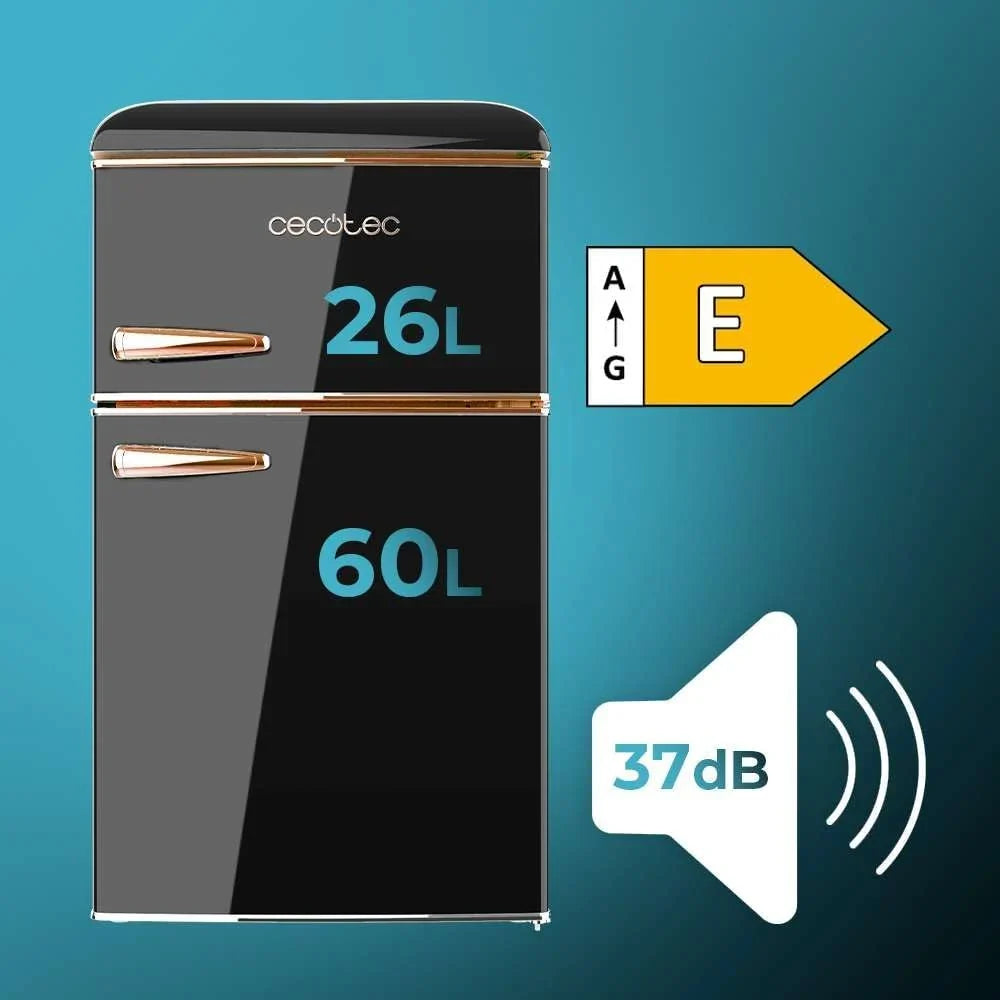 2026 Cecotec Nevera Pequeña Frigorífico 2 Puertas Retro 86L Bolero CoolMarket 2D Origin 86 Black E. 89,3cm de Alto y 48,7cm de Ancho, Clase Energética E, Icebox, Luz Interior y Tirador Cromado, Negro