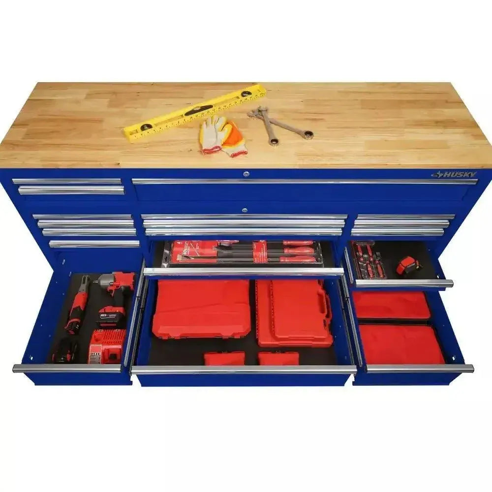 2026 Husky 72 in. 18-Drawer Mobile Workbench with Solid Wood Top in Gloss Blue