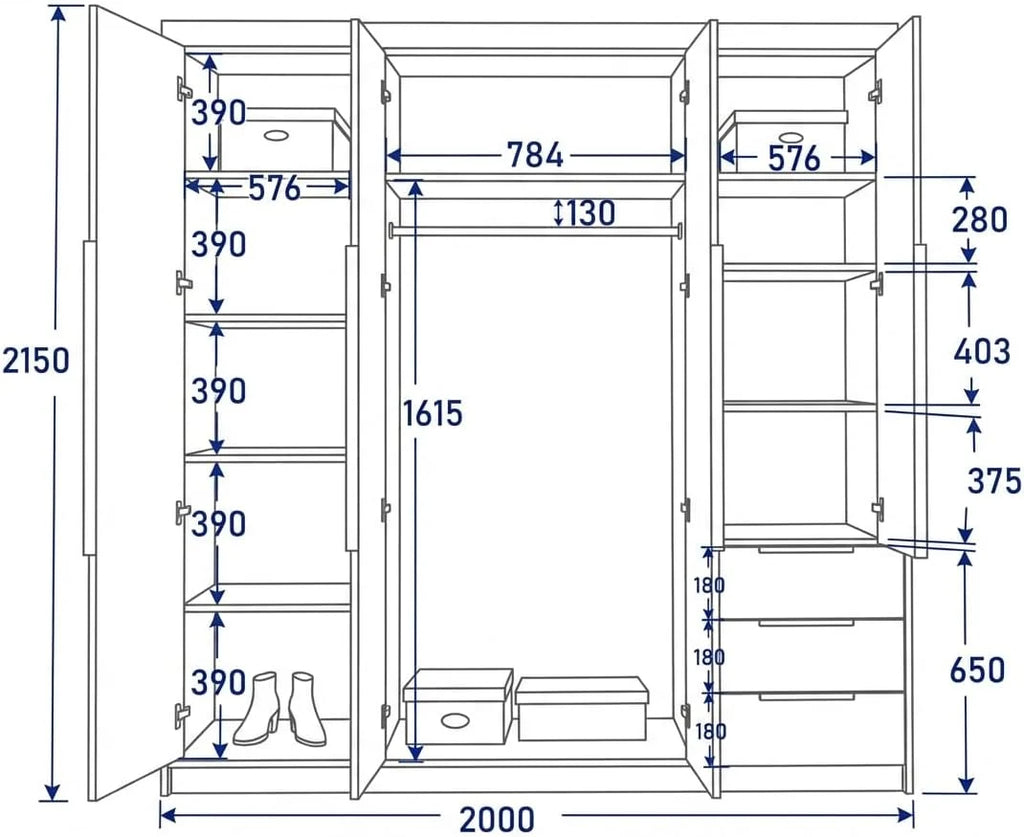 2026 A and J MöbelLand VIVO Armario de 4 puertas con espejo y cajones – 200 x 215 cm – Armario con puertas batientes, barra para colgar ropa y estantes