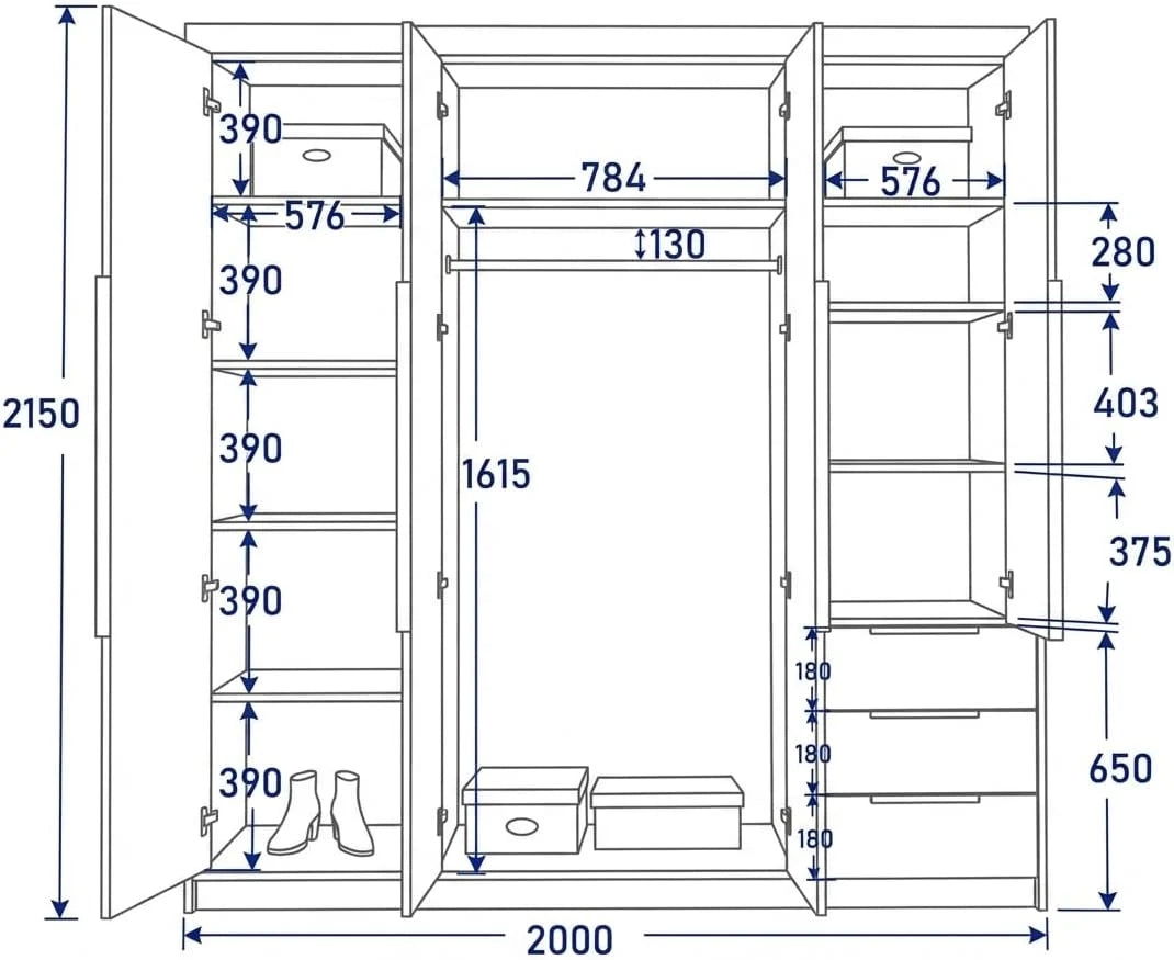 2026 A and J MöbelLand VIVO Armario de 4 puertas con espejo y cajones – 200 x 215 cm – Armario con puertas batientes, barra para colgar ropa y estantes