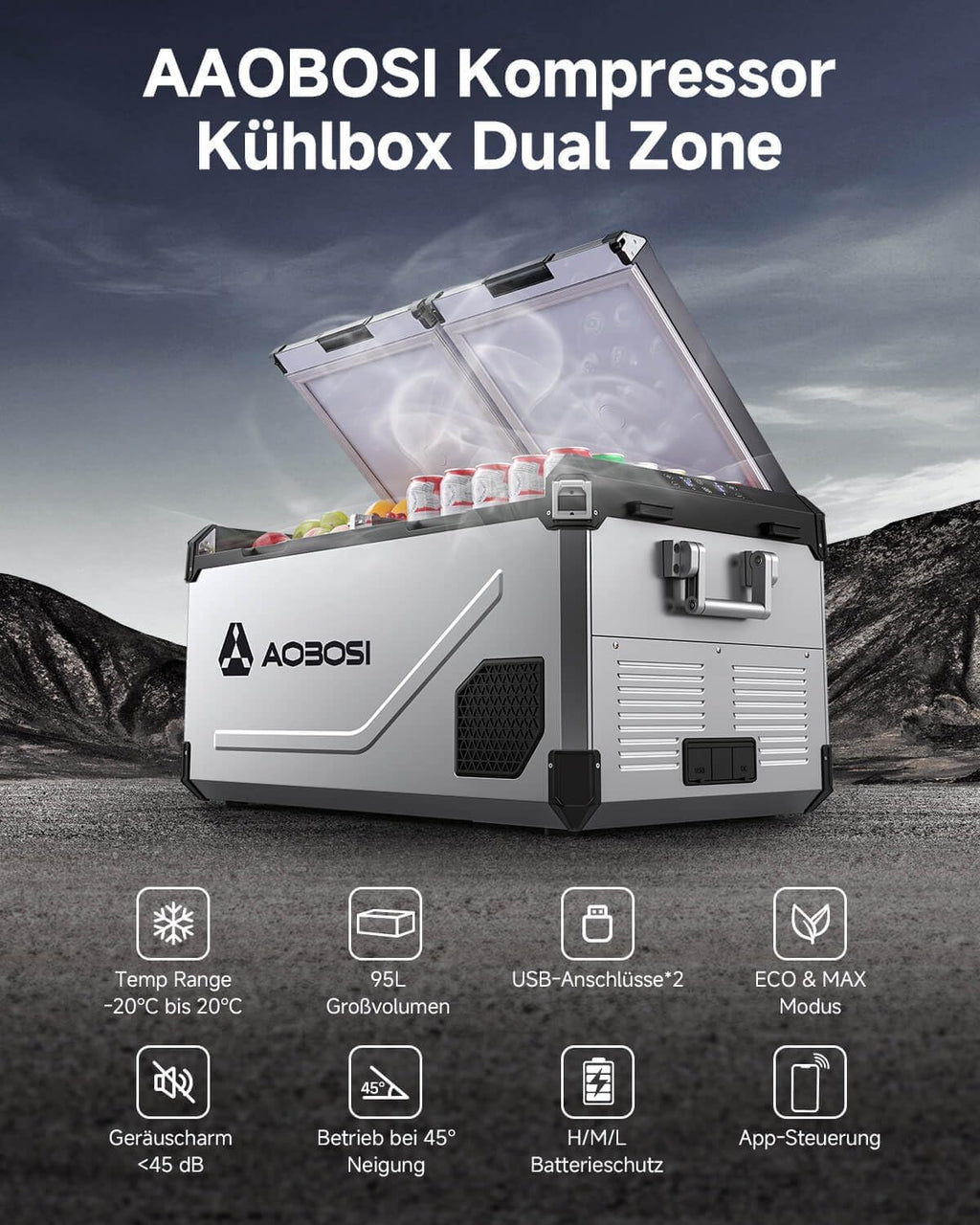 Nevera portátil con compresor AAOBOSI de 95 litros, doble zona, hasta – 20 ℃ (modelo 2026). Carcasa de acero inoxidable e interior de aluminio. Alimentación: 12/24 V CC y 230 V CA. Ideal para coches, barcos, acampadas y conducción todoterreno.