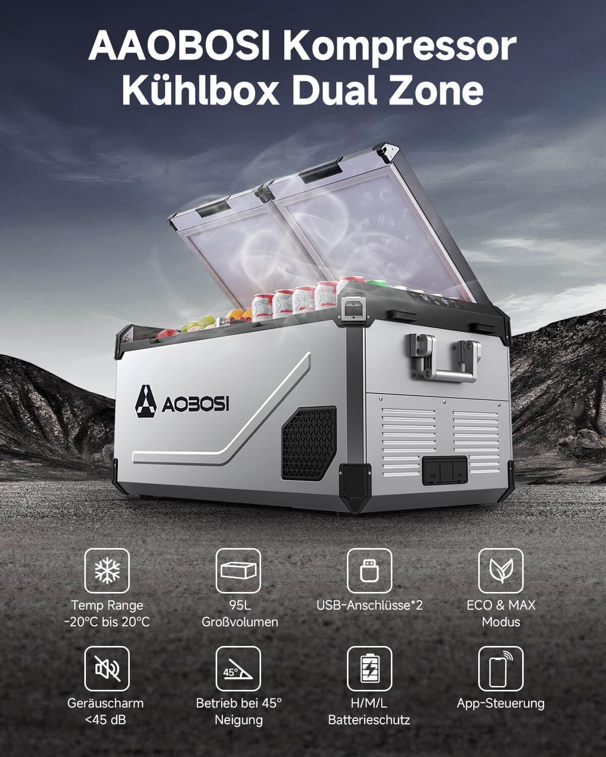 Nevera portátil con compresor AAOBOSI de 95 litros, doble zona, hasta – 20 ℃ (modelo 2026). Carcasa de acero inoxidable e interior de aluminio. Alimentación: 12/24 V CC y 230 V CA. Ideal para coches, barcos, acampadas y conducción todoterreno.