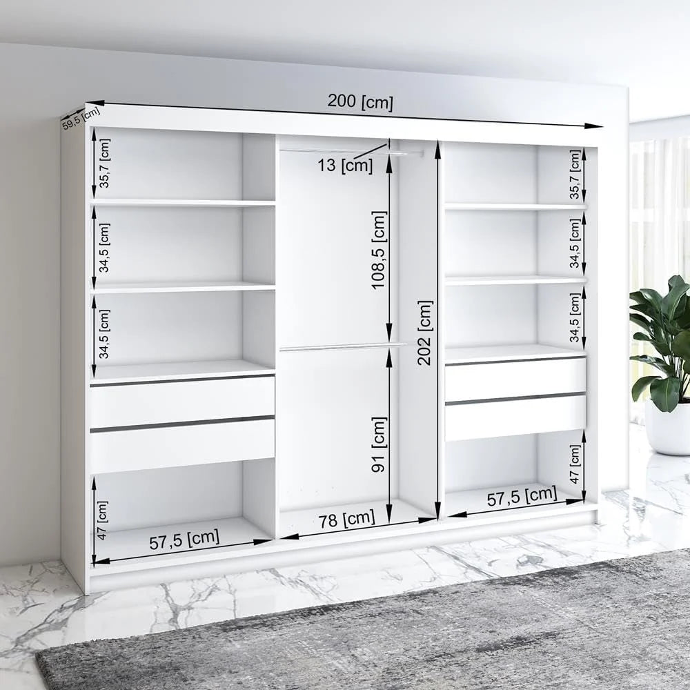 Armario A&J MöbelLand VILUNO 2 de 2026 con puertas correderas, 3 puertas, 200 cm, con espejo, 4 cajones y 2 barras para colgar ropa, amplio armario para dormitorio (negro).