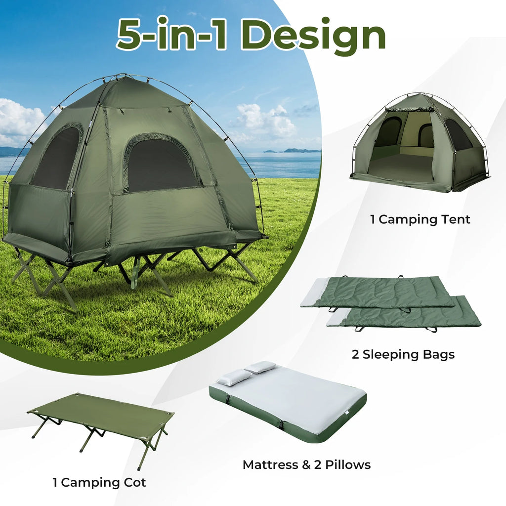 2026 Patiojoy Folding 2-Person Camping Tent Cot Portable Pop-Up Tent with Sleeping Bag&Air Mattress for Outdoor Activity
