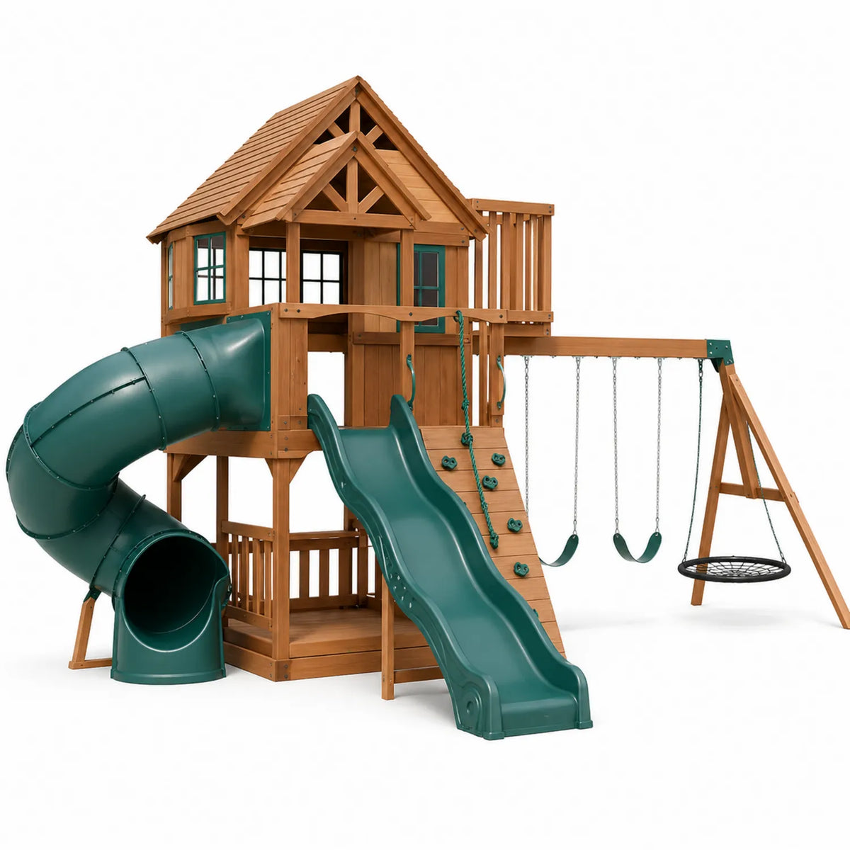 Parque infantil de madera de 2026 con toboganes y columpios para uso exterior.