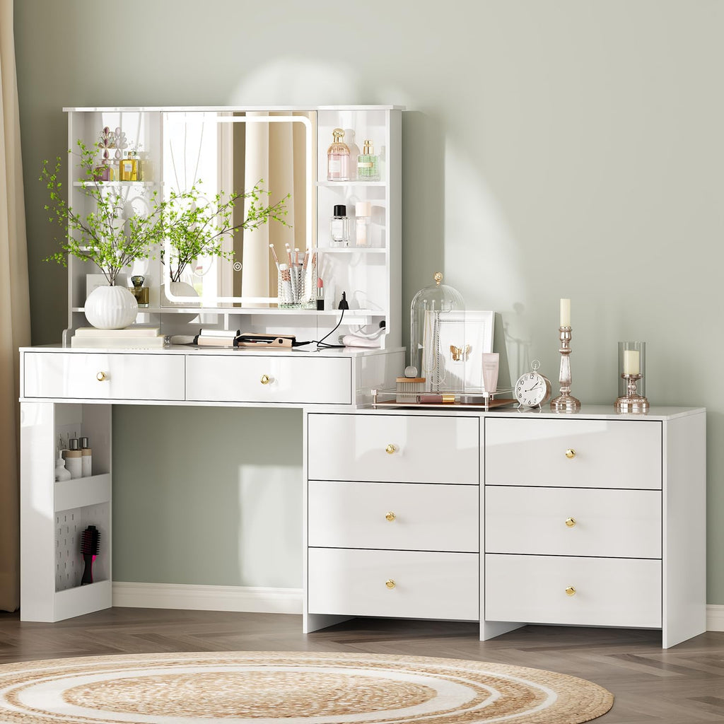 2026 Makeup Vanity Desk with Mirror and Lights, Vanity Desk with 8 Drawers & Storage Shelves, Vanity Table with Power Outlet, 3 Color Modes & Adjustable Brightness Dressing Table, Bedroom, White