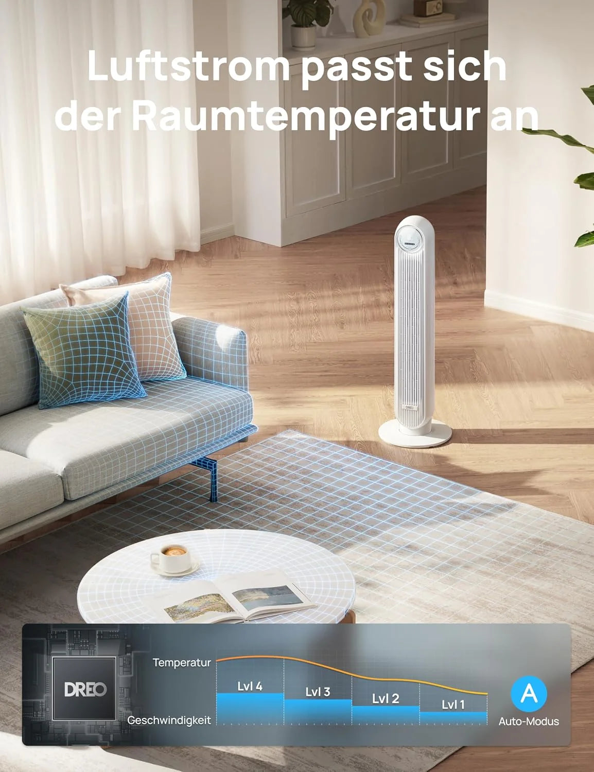 Ventilador de torre silencioso Dreo Smart 2026 de 20 dB, alcance de 10 m, 4 velocidades, 4 modos, temporizador de 8 horas, oscilación de 90° con función de refrigeración, WiFi y control remoto para dormitorio, Nomad OneS, blanco