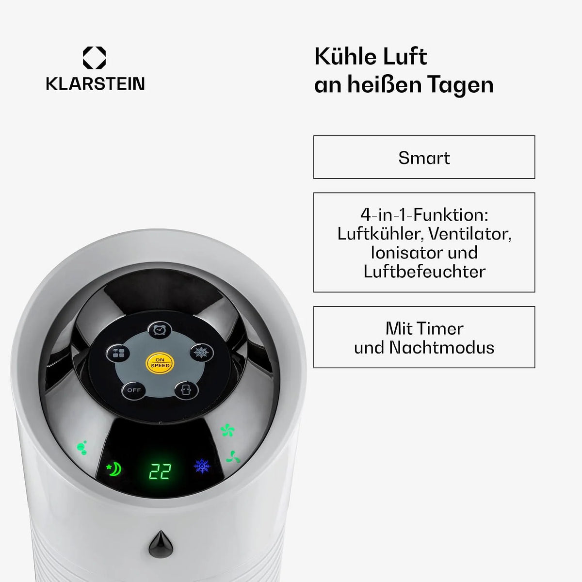 Klarstein 4 en 1 (2026): Enfriador de aire inteligente, ventilador, humidificador e ionizador | Depósito de agua de 6 L, oscilación, 30 W, 210 m³/h, temporizador | Aire acondicionado sin tubo de escape, portátil, color plata