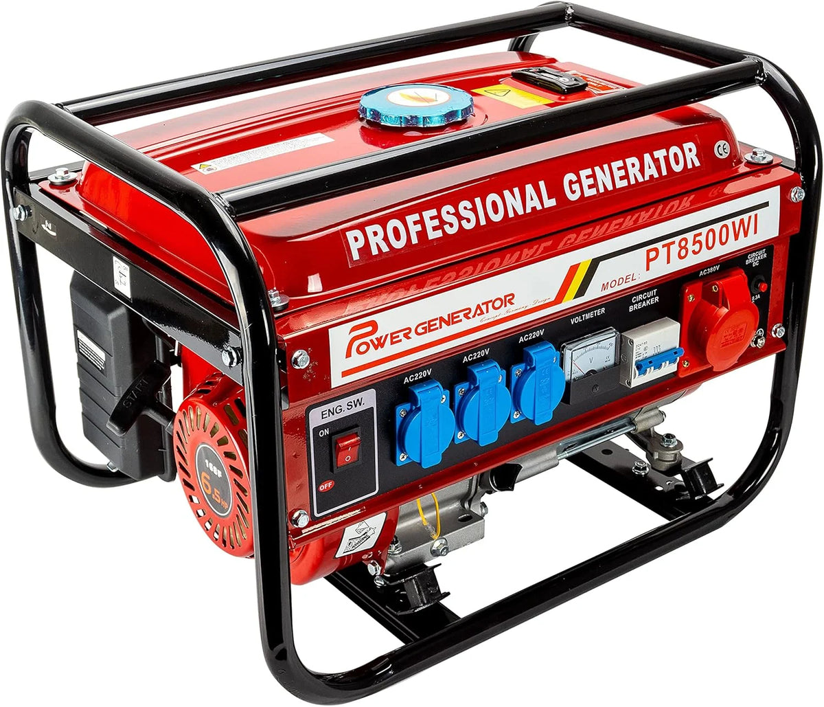 Generador de gasolina 2026 | Generador eléctrico con accesorios | Generador de emergencia silencioso | 5 tomas de corriente: 3 x 230 V / 1 x 400 V / 1 x 12 V | 6,5 CV (Generador con arranque por cuerda)