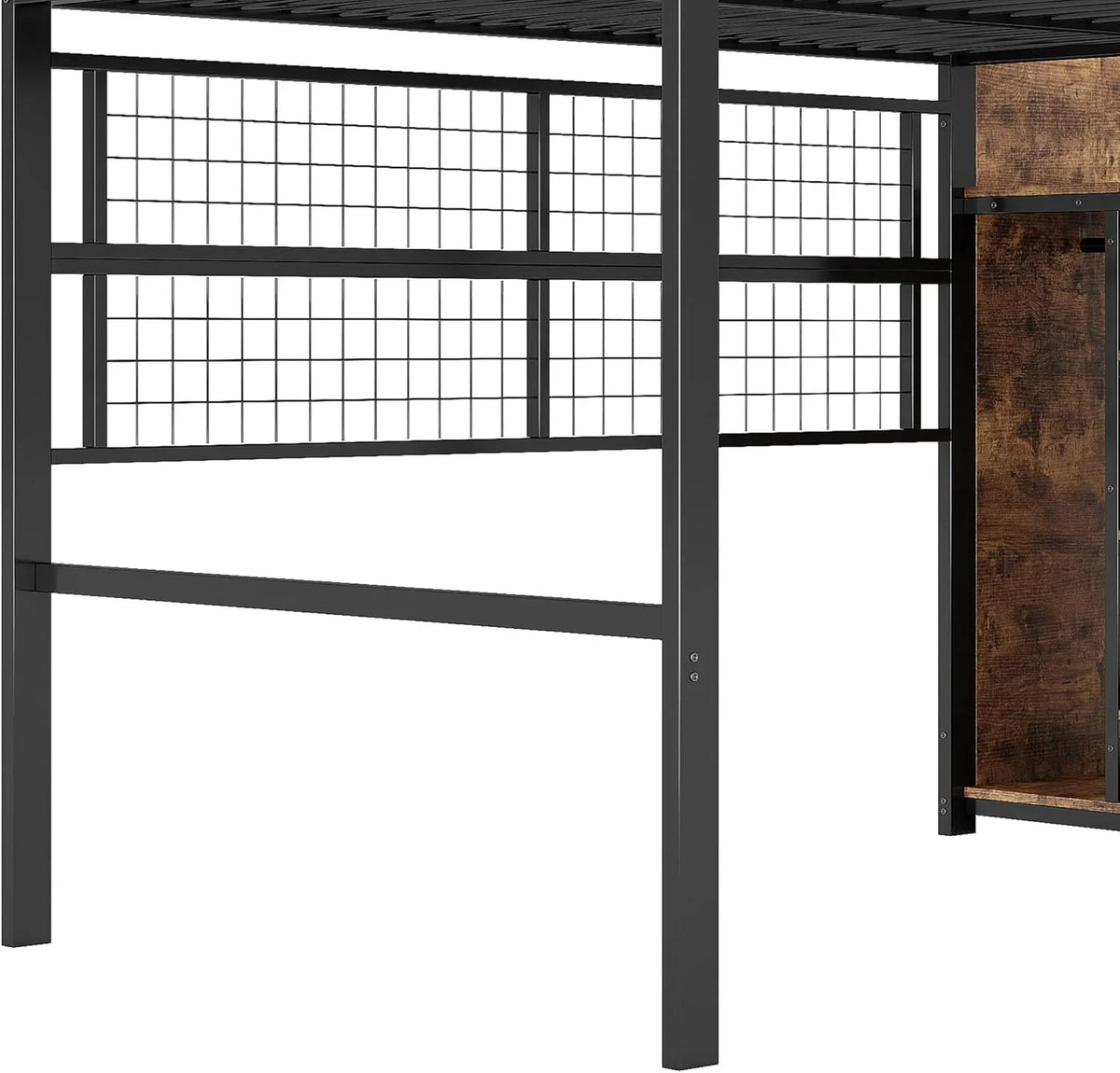 2026 Cama alta (140 x 200 cm), marco de hierro, armario, escalera de almacenamiento, rejilla para colgar objetos, espacio libre debajo de la cama, luces LED de 7 colores, sin colchón, color negro
