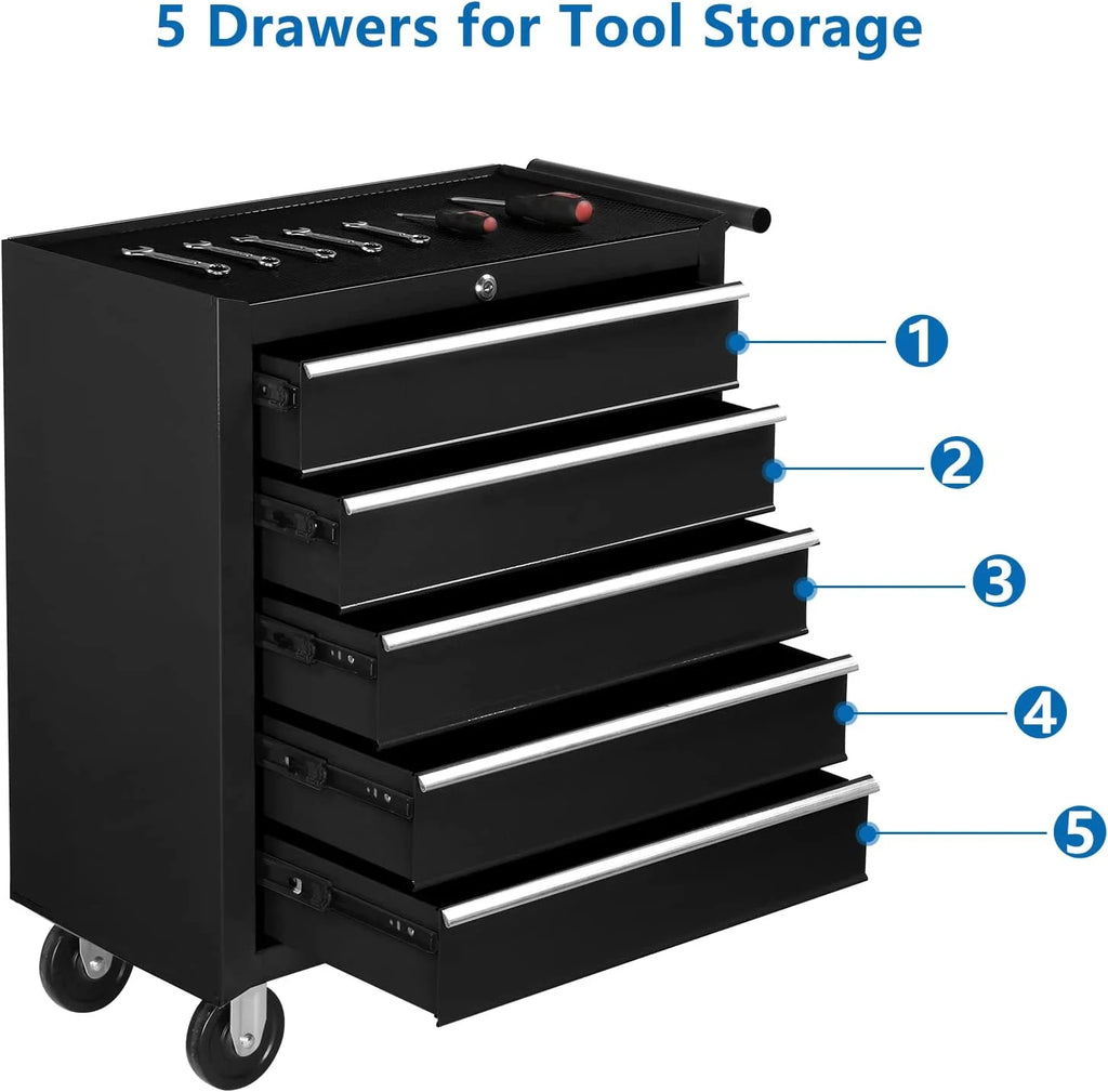 2026 TUFFIOM 5-Drawer Rolling Tool Chest with Lock & Key, Tool Storage Organizer Box Cabinet with Wheels
