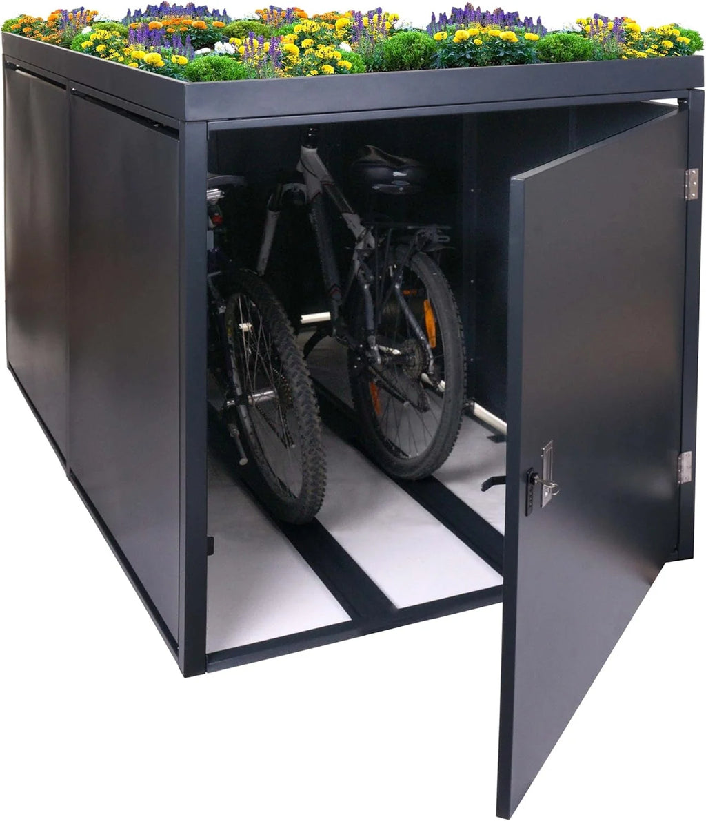 Garaje para 2 bicicletas Mendler 2026 con jardinera HWC – L56b, caja para bicicletas con cerradura, acero galvanizado, 125x113x208cm – antracita