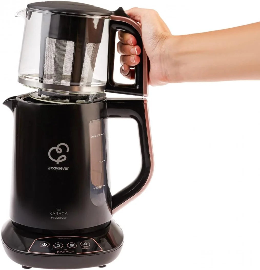 Tetera y hervidor parlante Karaca Çaysever 2026, 1700 W, oro rosa, libre de BPA, depósito de agua de 1,5 L, tetera de 0,8 L, función automática para mantener caliente, apto para comida de bebé.