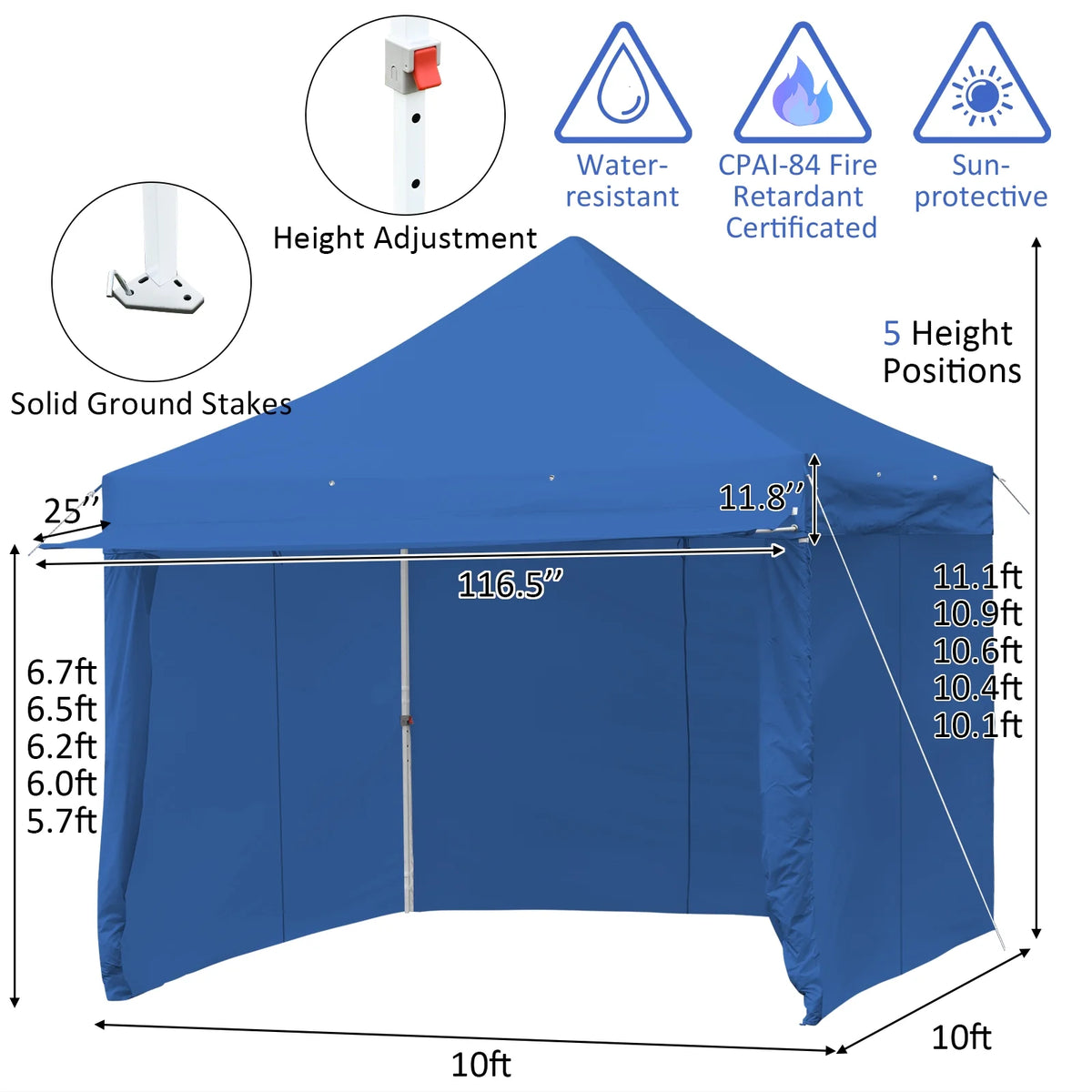 2026 Patiojoy 10x10ft Pop up Tent, 4 Height Adjustment Folding Camping Tent with Awning Blue