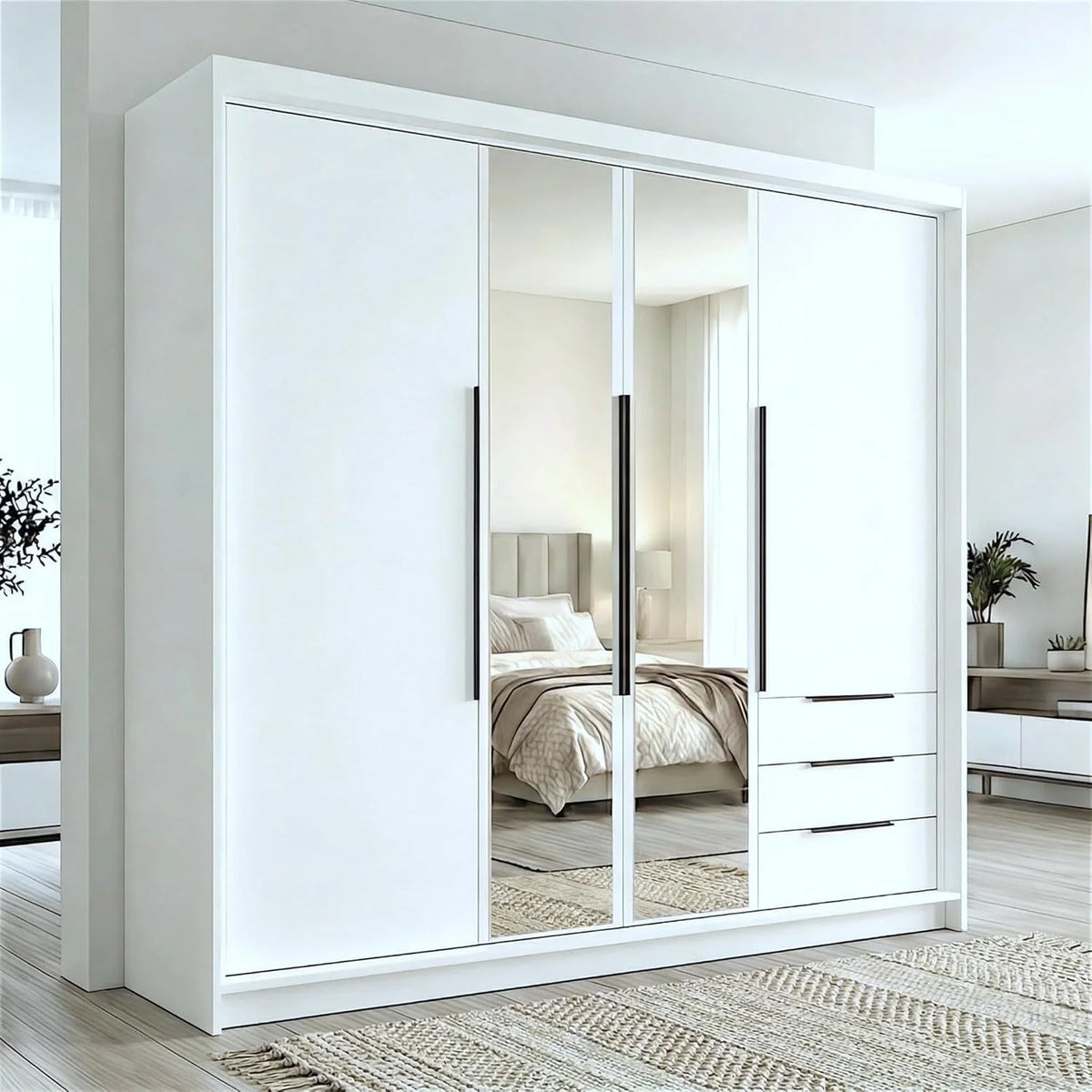 2026 A and J MöbelLand VIVO Armario de 4 puertas con espejo y cajones – 200 x 215 cm – Armario con puertas batientes, barra para colgar ropa y estantes
