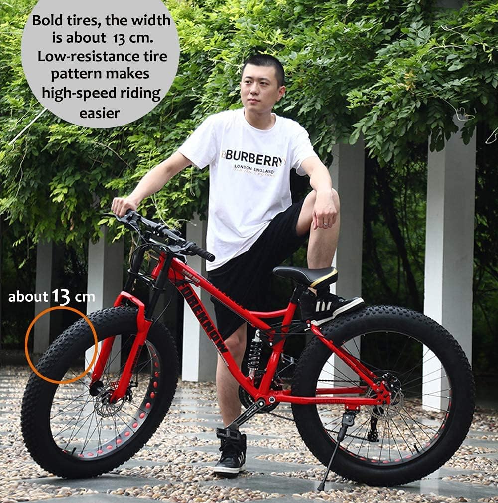2026 26"Bicicletas de Montaña,21 Velocidad Bikes Bicicleta Montaña,Bicicleta de Montaña para Adultos Fat Tire,Marco de Acero de Alto Carbono Doble Suspensión Completa Doble Freno de Disco (rojo)