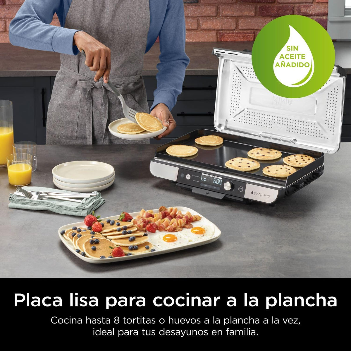 Parrilla y plancha de interior Ninja Sizzle Pro XL con placa y plancha de cerámica antiadherente, tapa desmontable, recolector de grasa y guía de recetas, plata/negro GX101EU 2026