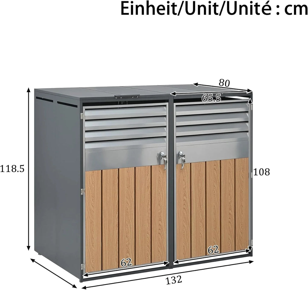 Unidad de almacenamiento de residuos de 4 compartimentos (modelo 2026) para 4 contenedores de hasta 240 L con tapa abatible, abertura de ventilación con rejillas, con cerradura, dos puertas, compartimento para contenedor de residuos de jardín, 4