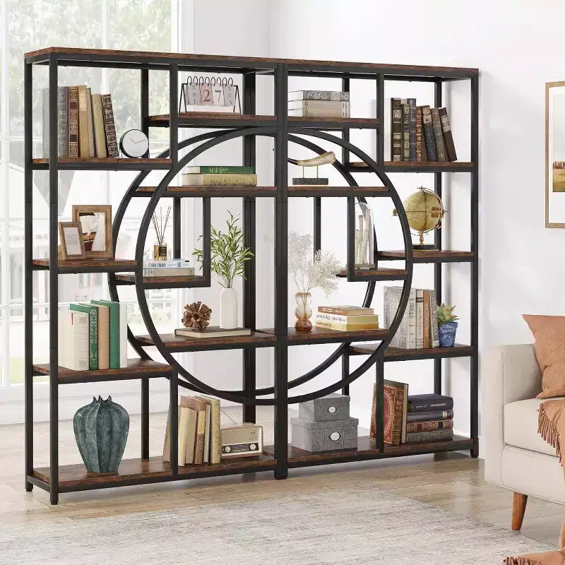 2026 Librería de 5 niveles de 175 cm – Diseño geométrico en forma de media luna, marrón y negro.
