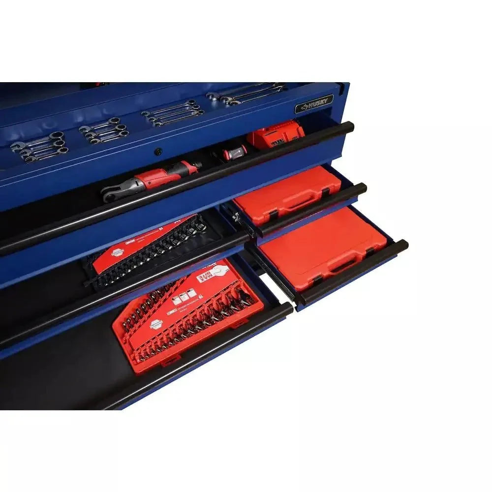 2026 Heavy-Duty 52 in. 9-Drawer Mobile Workbench with Adjustable-Height Solid Wood Top in Matte Blue