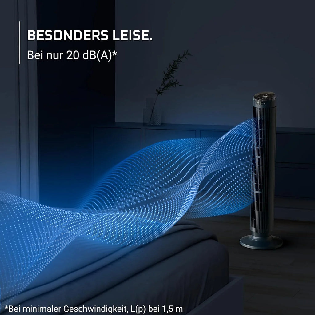 Ventilador de torre Rowenta Eole Silence Force 2026, potente, modo silencioso, 12 velocidades, 5 modos automáticos, temporizador, oscilación de 60 – 90°, control remoto, cubierta antipolvo, azul, VU7050F0