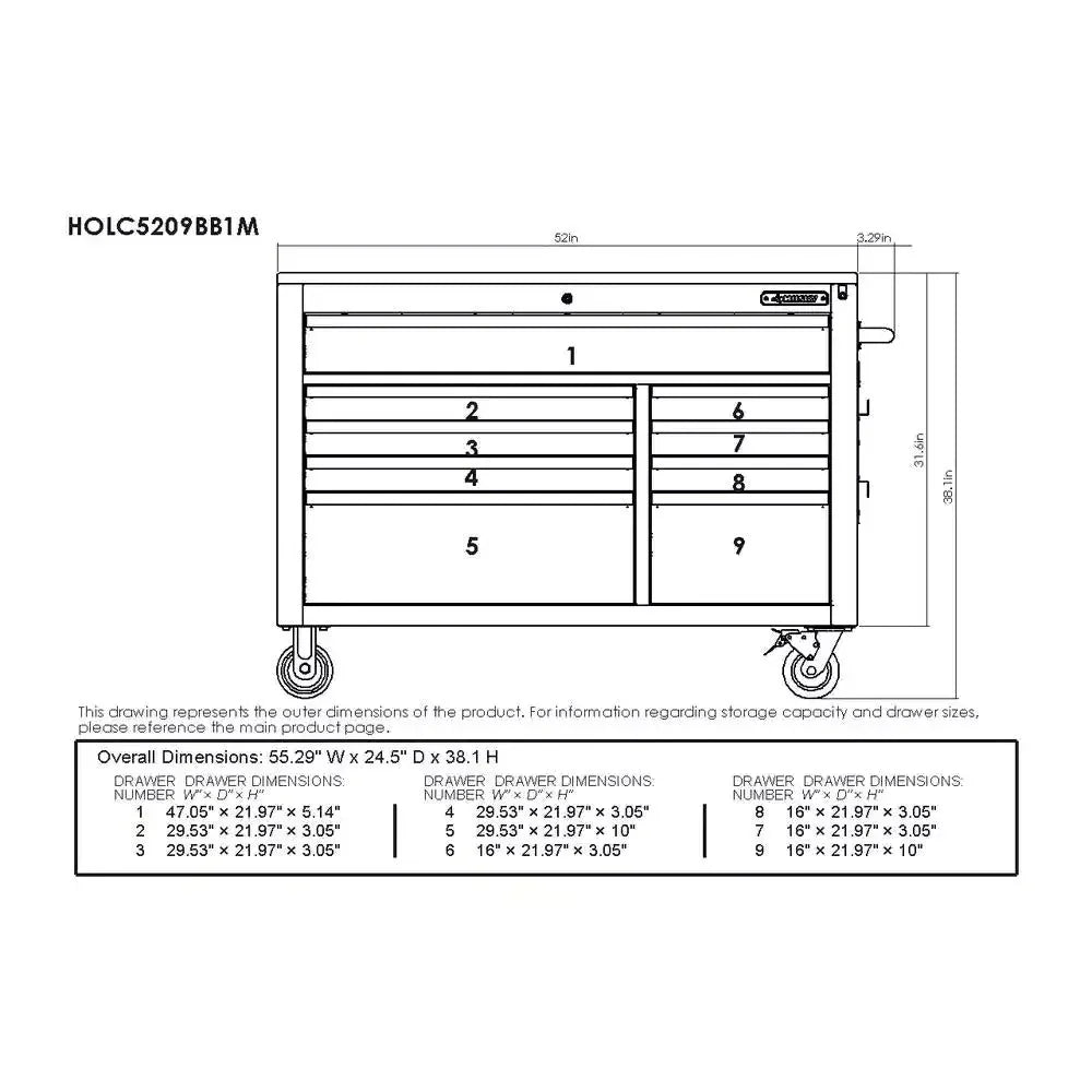2026 Heavy-Duty 52 in. 9-Drawer Mobile Workbench with Adjustable-Height Solid Wood Top in Matte Blue