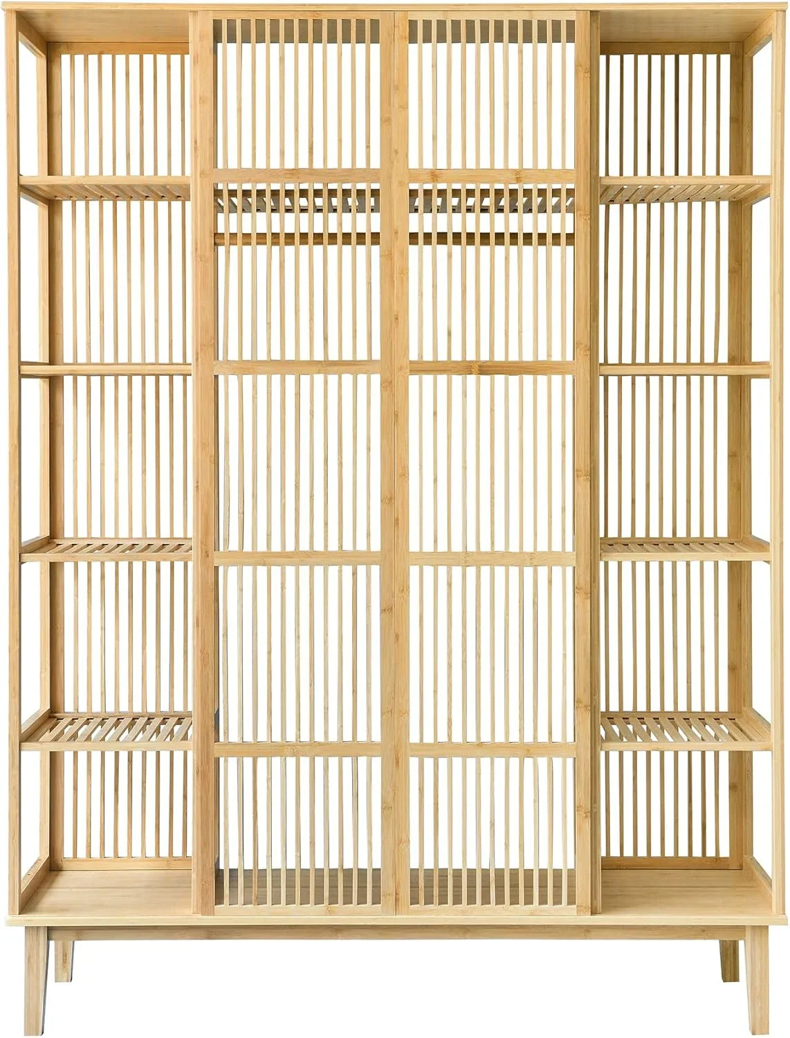 2026 Armario para Ropa con 2 Puertas Deslizantes Clóset con 12 Estantes y 1 Barra de Colgar Perchero de Bambú 185 x 140 x 45 cm Natural
