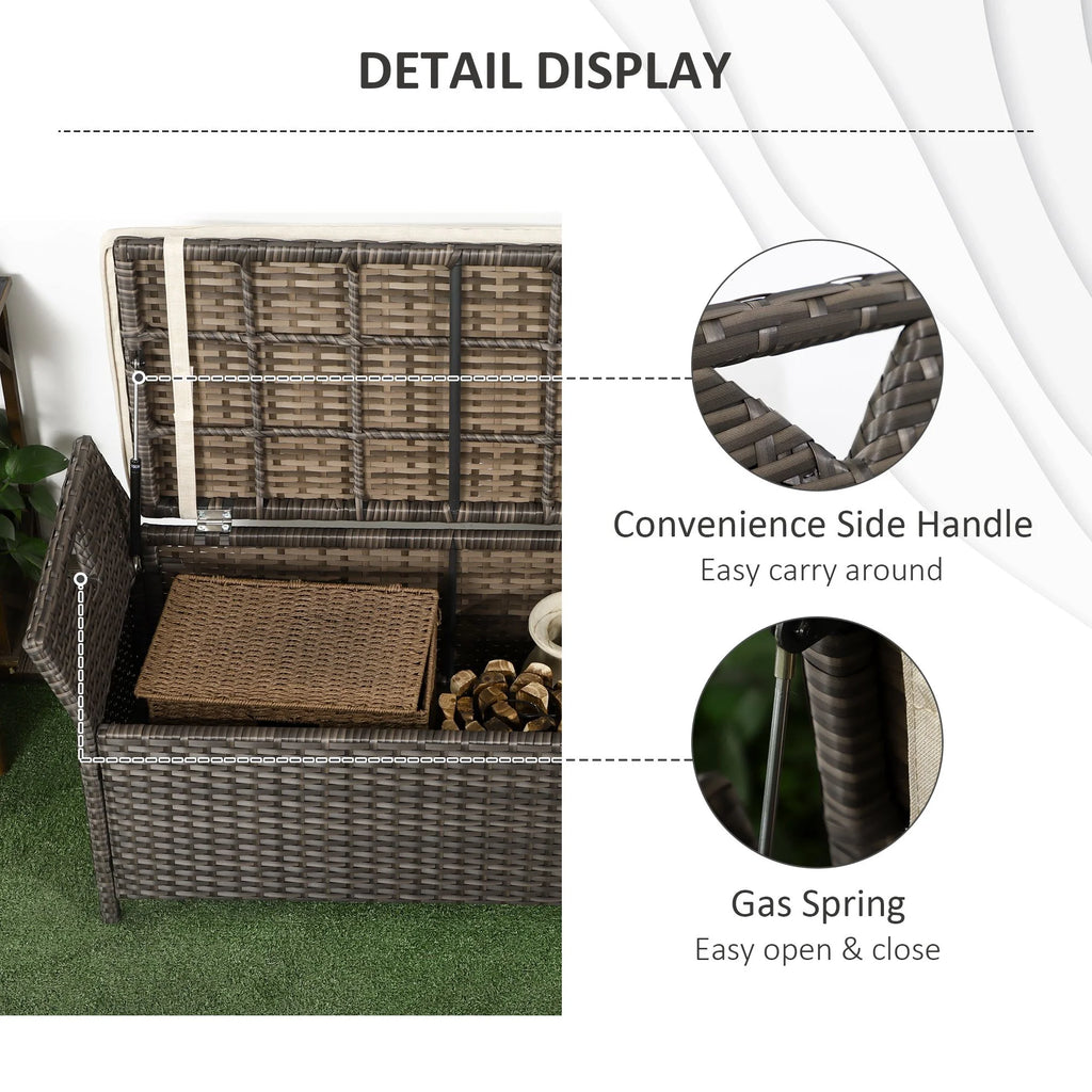 2026 DUOSONG Outsunny 27 Gallon Patio Wicker Storage Bench, Outdoor Pe Rattan Patio Furniture, 2-In-1 Large Capacity Rectangle Garden Storage Box With Handles And Cushion, Cream White Brown+White Steel