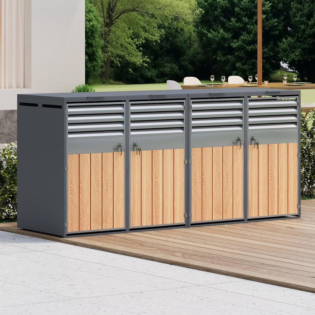 Unidad de almacenamiento de residuos de 4 compartimentos (modelo 2026) para 4 contenedores de hasta 240 L con tapa abatible, abertura de ventilación con rejillas, con cerradura, dos puertas, compartimento para contenedor de residuos de jardín, 4