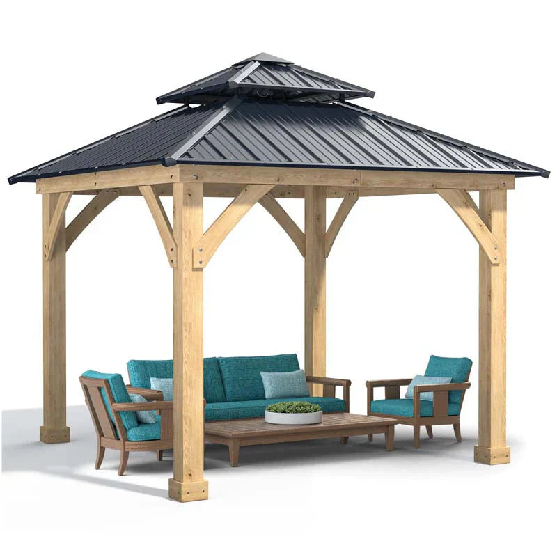 2026 10 X 10 Ft Outdoor Patio Hardtop Gazebo With Wood Frame Amp 2 Tier Metal Roof All Weather Gazebo Pergolas Shelter