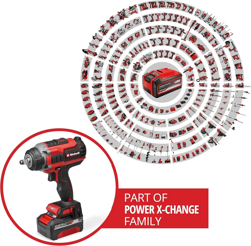2026 Llave de impacto inalámbrica profesional Einhell IMPAXXO 18/450 (1x4.0Ah) Power X – Change (18 V, 450 Nm, sin escobillas, accionamiento cuadrado externo, incluye batería de 4 Ah, cargador y juego de vasos)