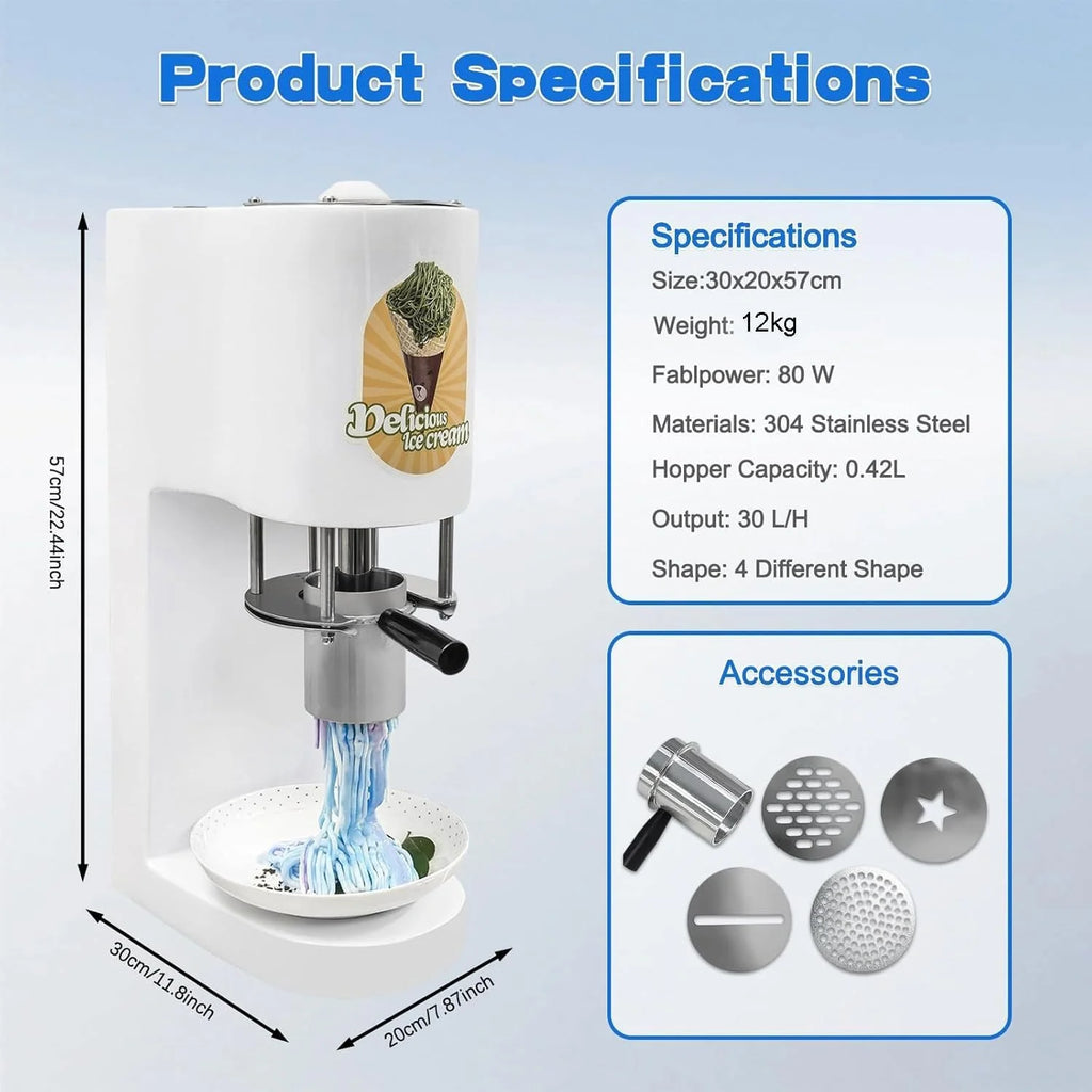 Máquina comercial de helado de espagueti 2026, 28 – 30 l/h, máquina profesional de helado de pasta con 4 formas diferentes de pasta, para hostelería y heladerías (Rojo)