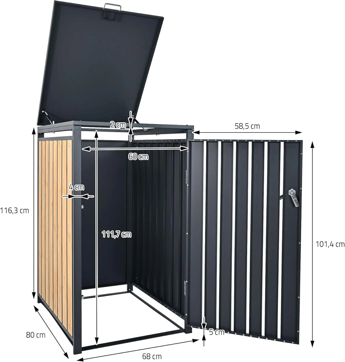 Contenedor de residuos ML – Design 2026 de 3 compartimentos, 240 L, 200 x 80 x 116,3 cm, acabado imitación madera antracita, acero, resistente a la intemperie/con cerradura, caja para contenedores de residuos con tapa abatible/3 puertas, contenedor