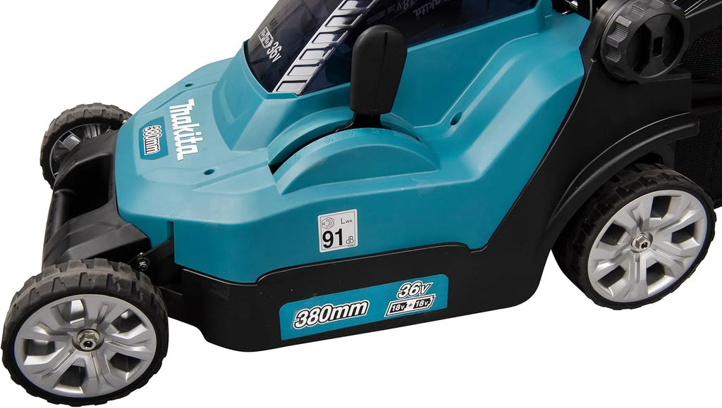 Cortacésped inalámbrico Makita DLM382PM2 2026, 2 baterías de 18 V / 4,0 Ah + cargador doble.