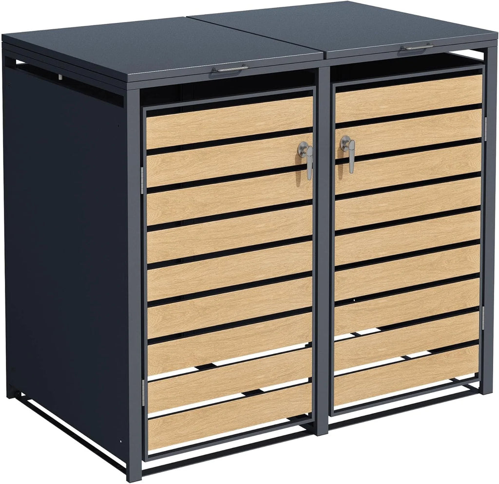 Caja para cubo de basura ESTEXO 2026 con tapa, caja de almacenamiento, color antracita con detalles de madera (2 puertas)