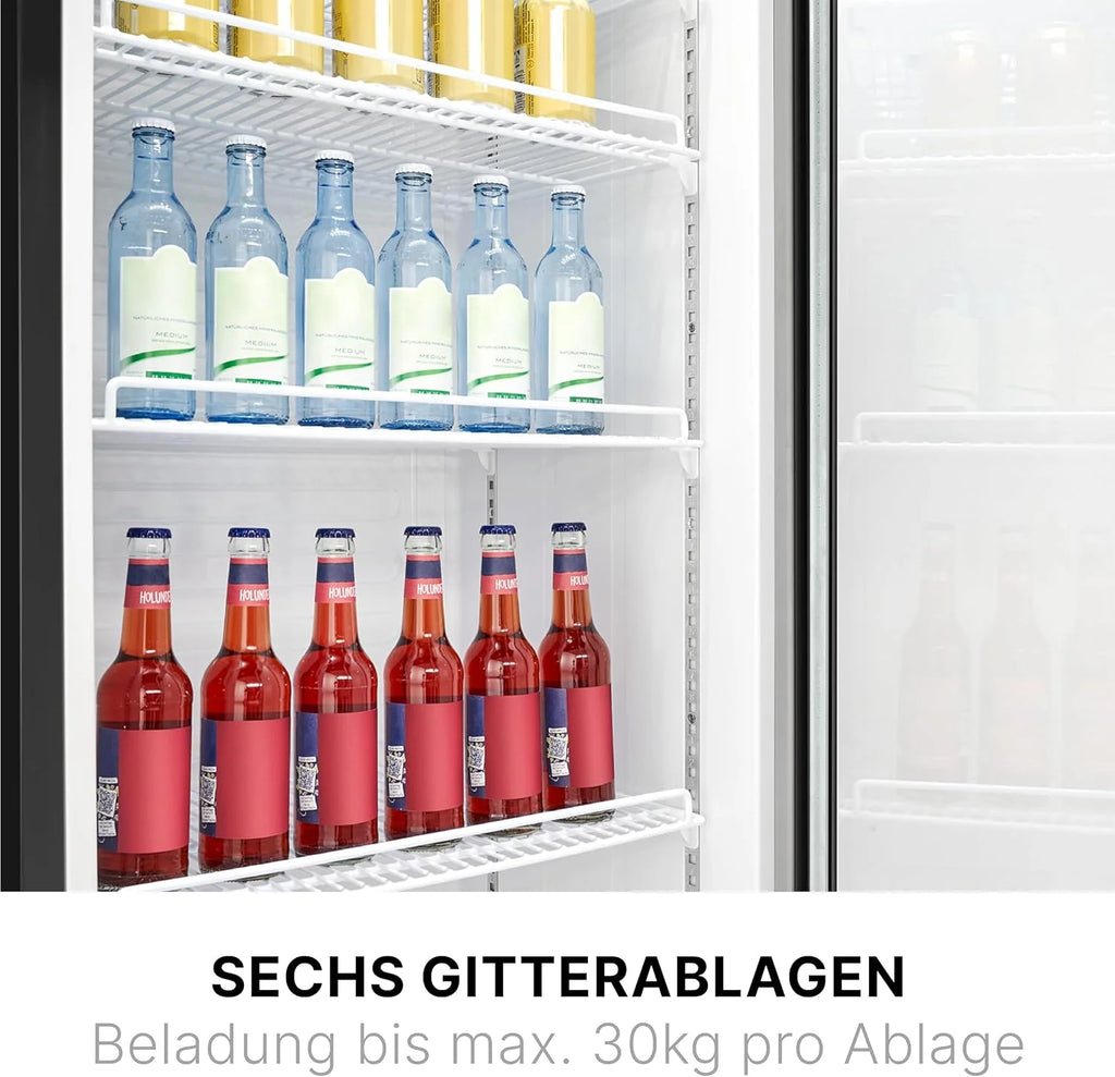 Refrigerador Bomann® 2026 con puerta de vidrio | Enfriador de bebidas con cerradura | 6 estantes ajustables en altura | Capacidad de 30 kg por estante | 347 litros | Refrigerador grande | Enfriador de botellas con luz LED | KSG 7351 Negro