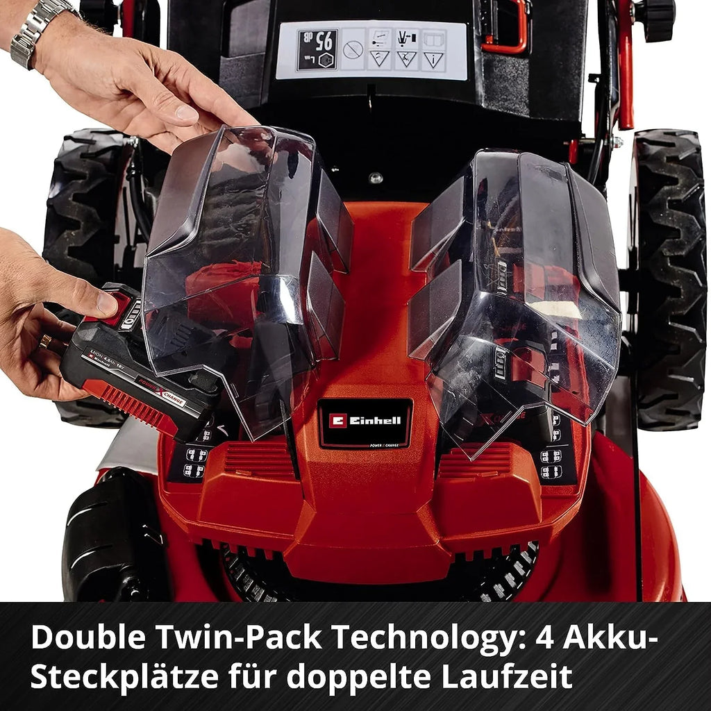 2026 Einhell Akku – Rasenmher GE – CM 36/47 S HW Li Kit Power X – Change (36 V, 47 cm de ancho, hasta 700 m, sin escobillas, tracción por radentro, depósito de 75 L, incluye 4 baterías de 4,0 Ah + 2 cargadores dobles)