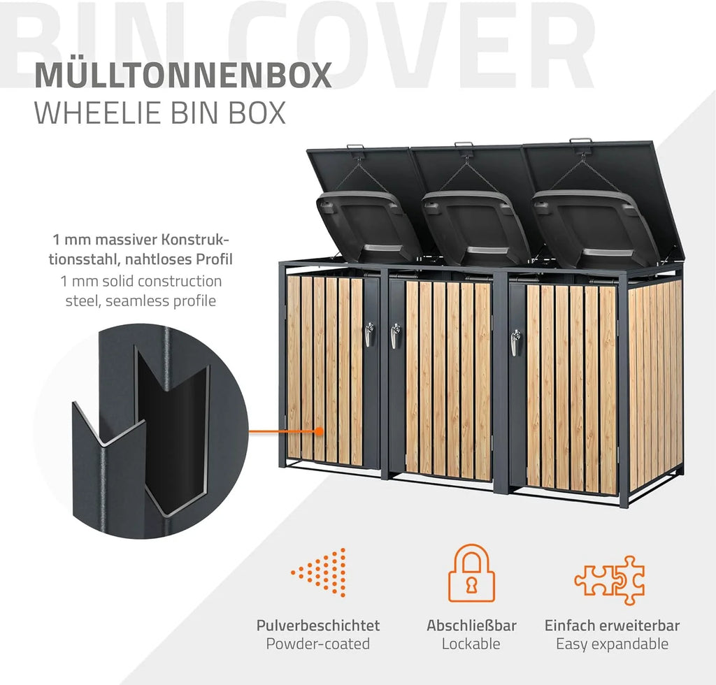 Contenedor de residuos ML – Design 2026 de 3 compartimentos, 240 L, 200 x 80 x 116,3 cm, acabado imitación madera antracita, acero, resistente a la intemperie/con cerradura, caja para contenedores de residuos con tapa abatible/3 puertas, contenedor