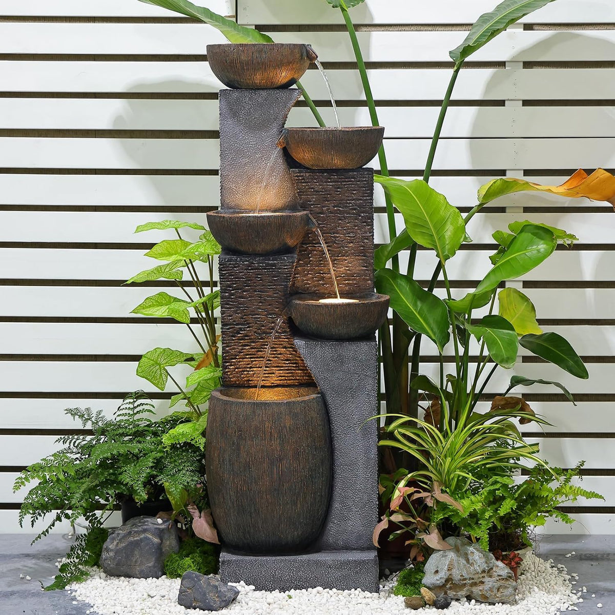 Fuente de jardín grande Bumilgar 2026, fuente exterior con iluminación LED, cascada de 5 niveles, ideal para jardín, balcón o terraza, 134 x 46 x 37 cm.