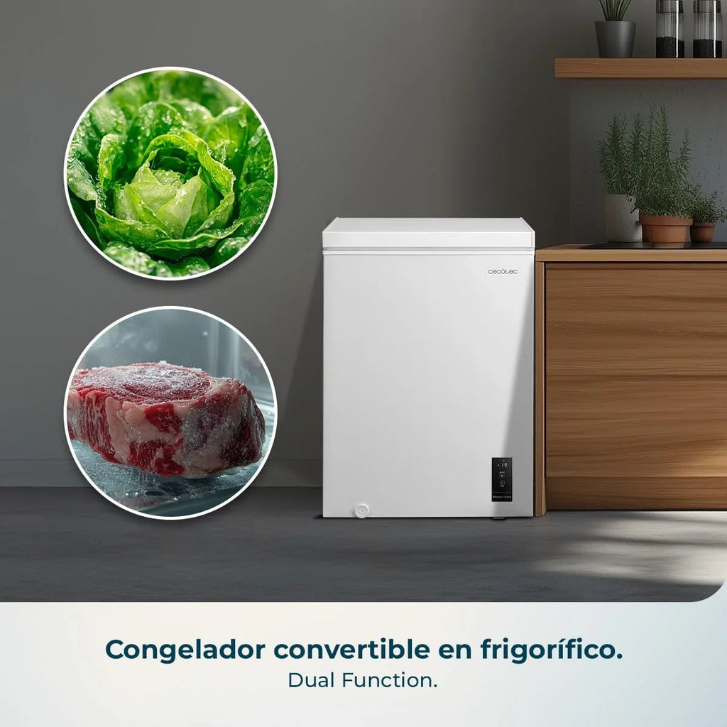 Congelador horizontal Cecotec Bolero CoolMarket 143L blanco, modelo 2026. Cesta con asas, control electrónico LED, UltraContact D – Cool, doble función, puerta ZeroG (80º – 30º), congelación rápida, compacto.