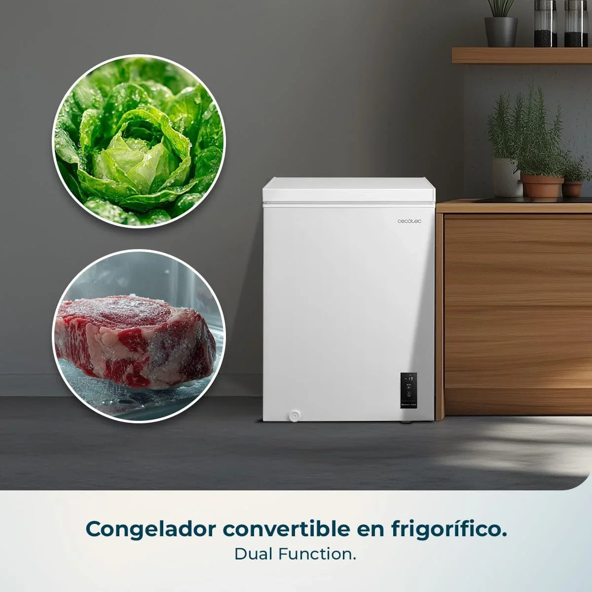 Congelador horizontal Cecotec Bolero CoolMarket 143L blanco, modelo 2026. Cesta con asas, control electrónico LED, UltraContact D – Cool, doble función, puerta ZeroG (80º – 30º), congelación rápida, compacto.
