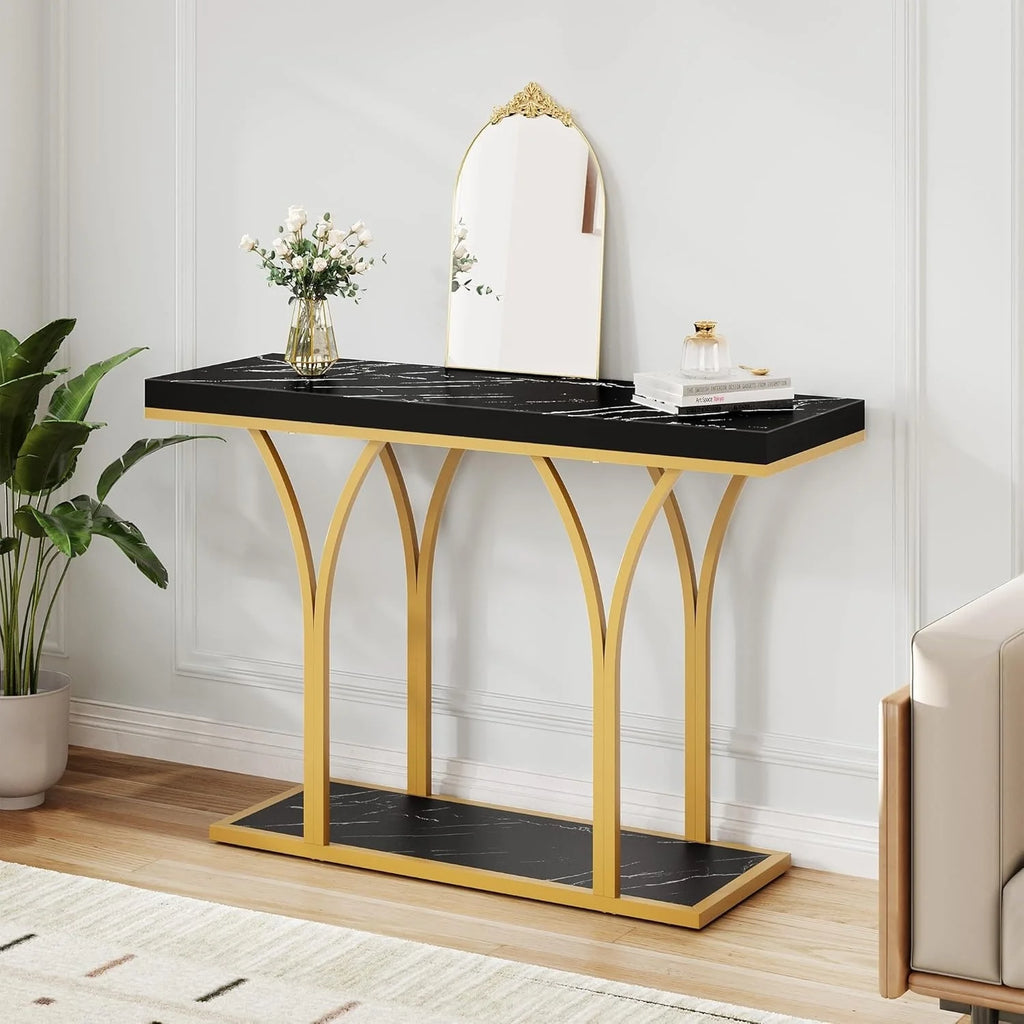 2026 Modern Gold Console Table with Marbled Top, Sofa Table for Entryway and Hallway