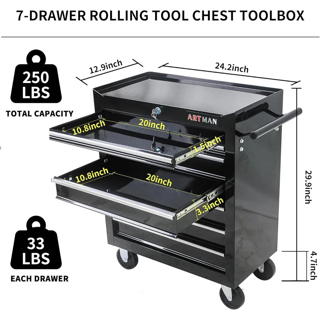2026 POVANLI  7-Drawer Rolling Tool Chest with Wheels Multifunctional Tool Chest Portable Tool Storage Cabinet with Locking System for Garage Workshop Warehouse Repair Shop