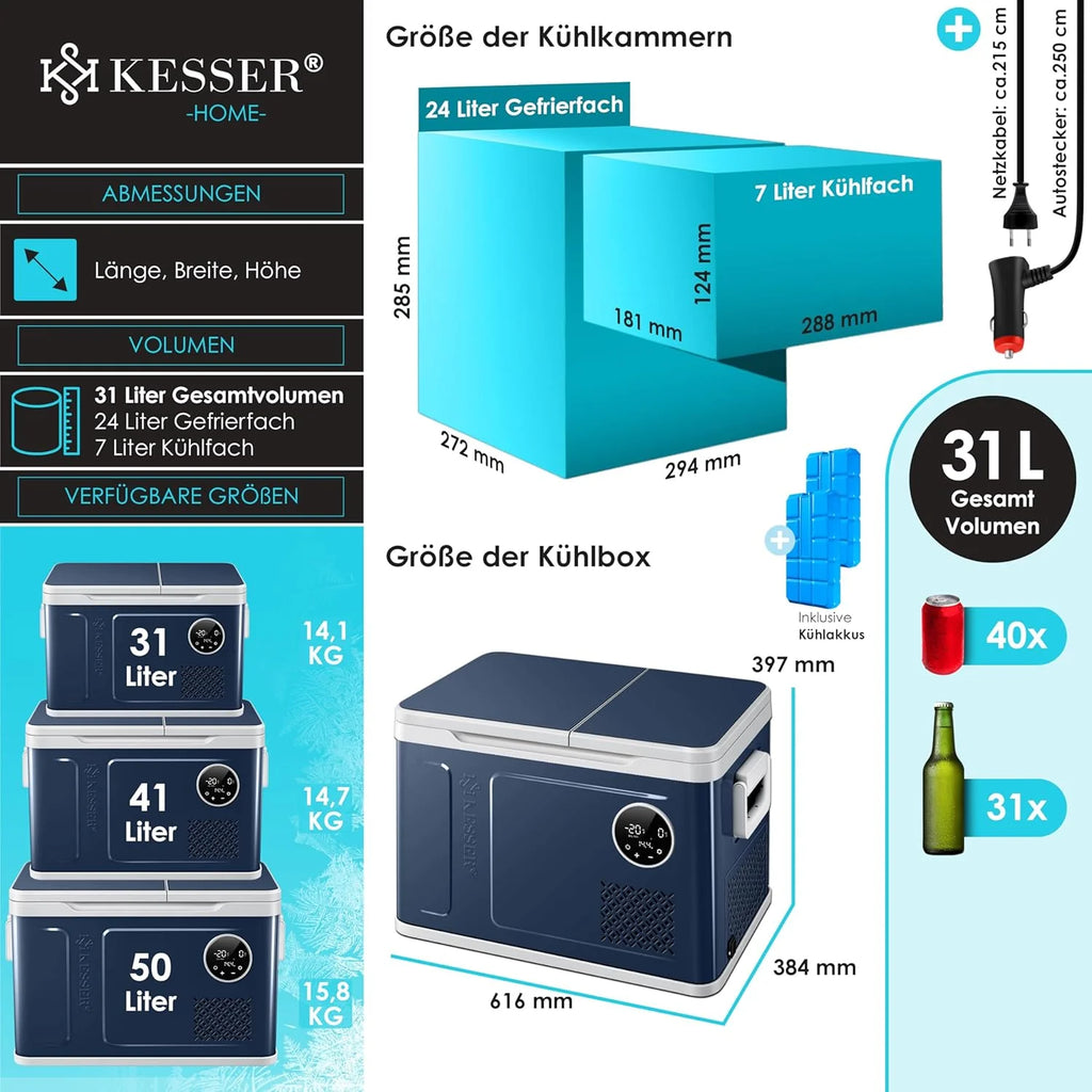 Nevera portátil KESSER 2026 con compresor, 2 en 1, doble zona de refrigeración y congelación, con congelador eléctrico, 2 acumuladores de frío y control táctil LED | Refrigerador con capacidad de enfriamiento hasta – 20 °C para camping, coche y