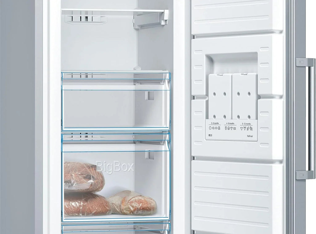 2026 Bosch – Congelador Vertical NoFrost, Serie 4, alto 186 x ancho 60 cm, 242 L, Cajones BigBox para alimentos grandes, Sistema Multiairflow, Acero, GSN29VIEP